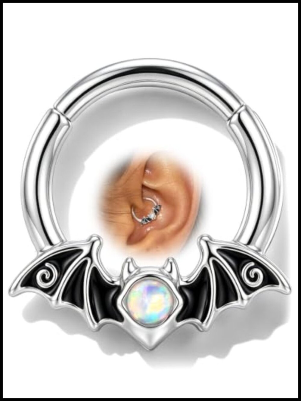 16G Bat Septum Ring, 316L Surgical Steel, Opal Eyes, 10mm Clicker